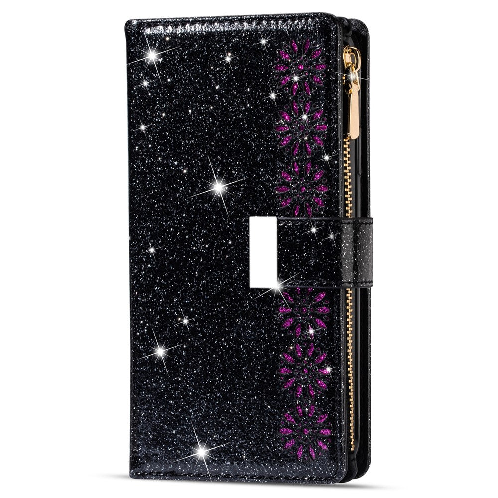 Stødsikkert Lasergraveret Glitrende Stjernedesign Lynlås Pung Cover med Rem til Samsung Galaxy S22+ 5G