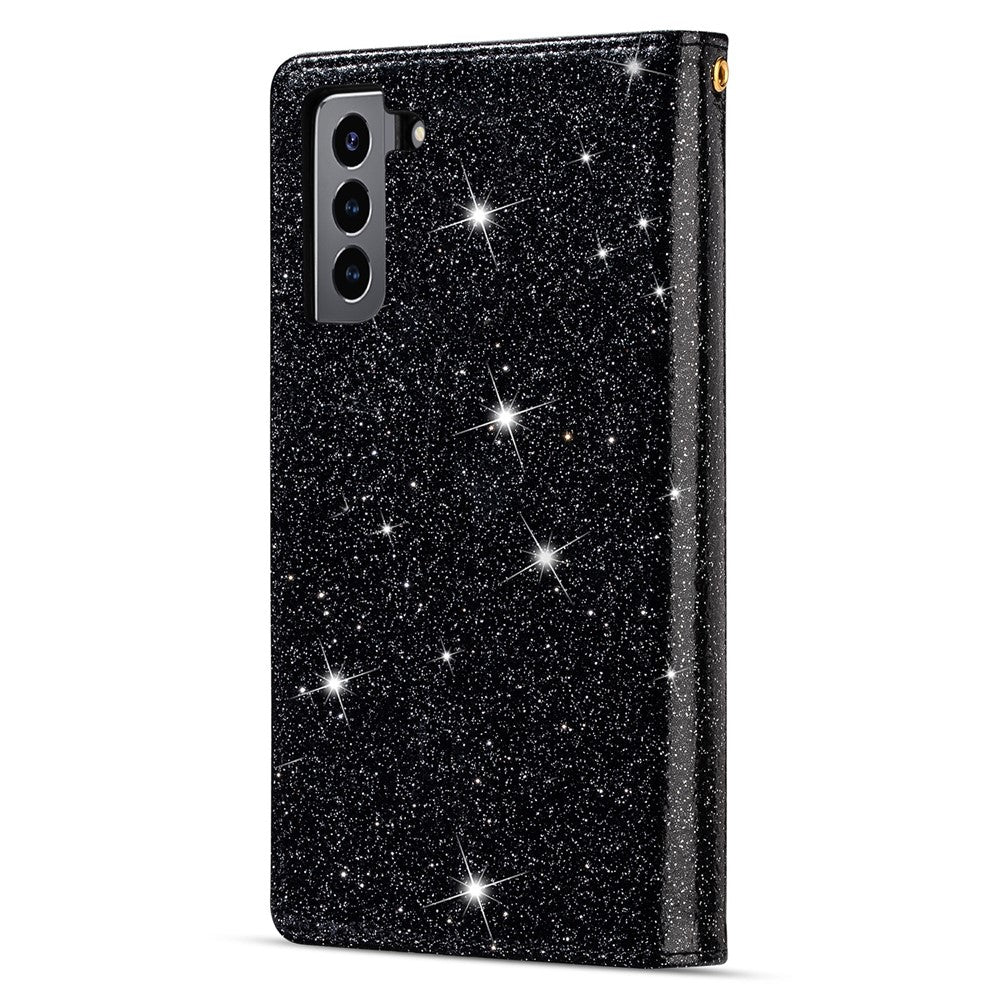Stødsikkert Lasergraveret Glitrende Stjernedesign Lynlås Pung Cover med Rem til Samsung Galaxy S22+ 5G