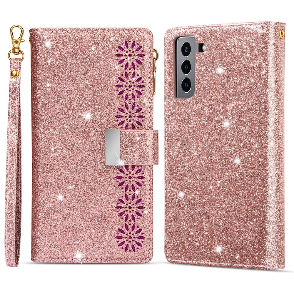 Stødsikkert Lasergraveret Glitrende Stjernedesign Lynlås Pung Cover med Rem til Samsung Galaxy S22+ 5G
