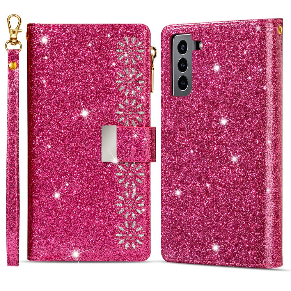 Stødsikkert Lasergraveret Glitrende Stjernedesign Lynlås Pung Cover med Rem til Samsung Galaxy S22+ 5G