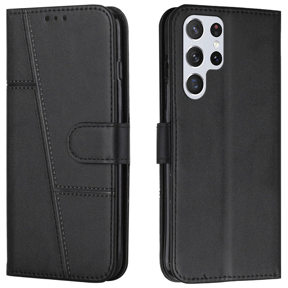 PU Leather Stand Feature Stitching Phone Wallet Cover Case with Strap for Samsung Galaxy S22 Ultra 5G