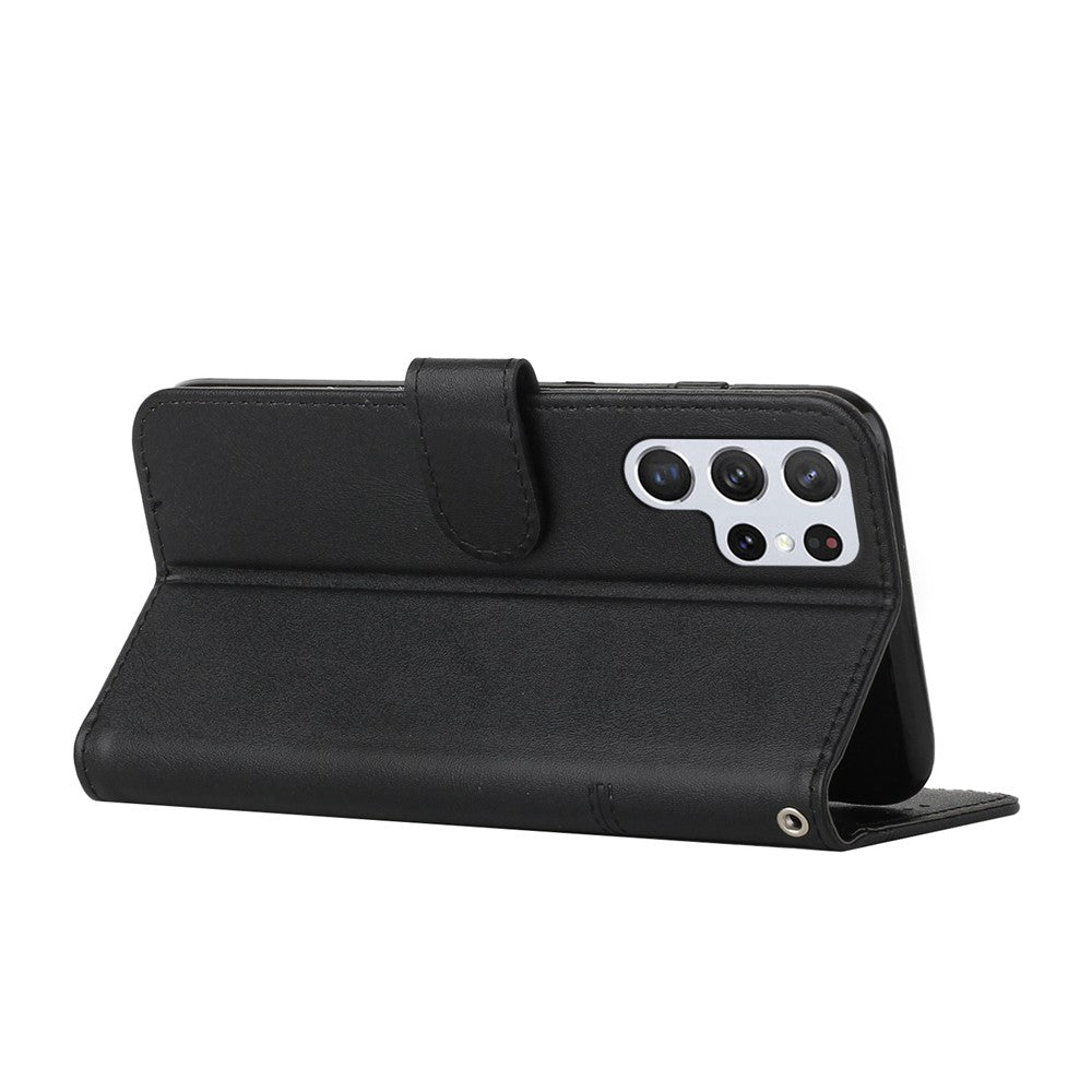 PU Leather Stand Feature Stitching Phone Wallet Cover Case with Strap for Samsung Galaxy S22 Ultra 5G