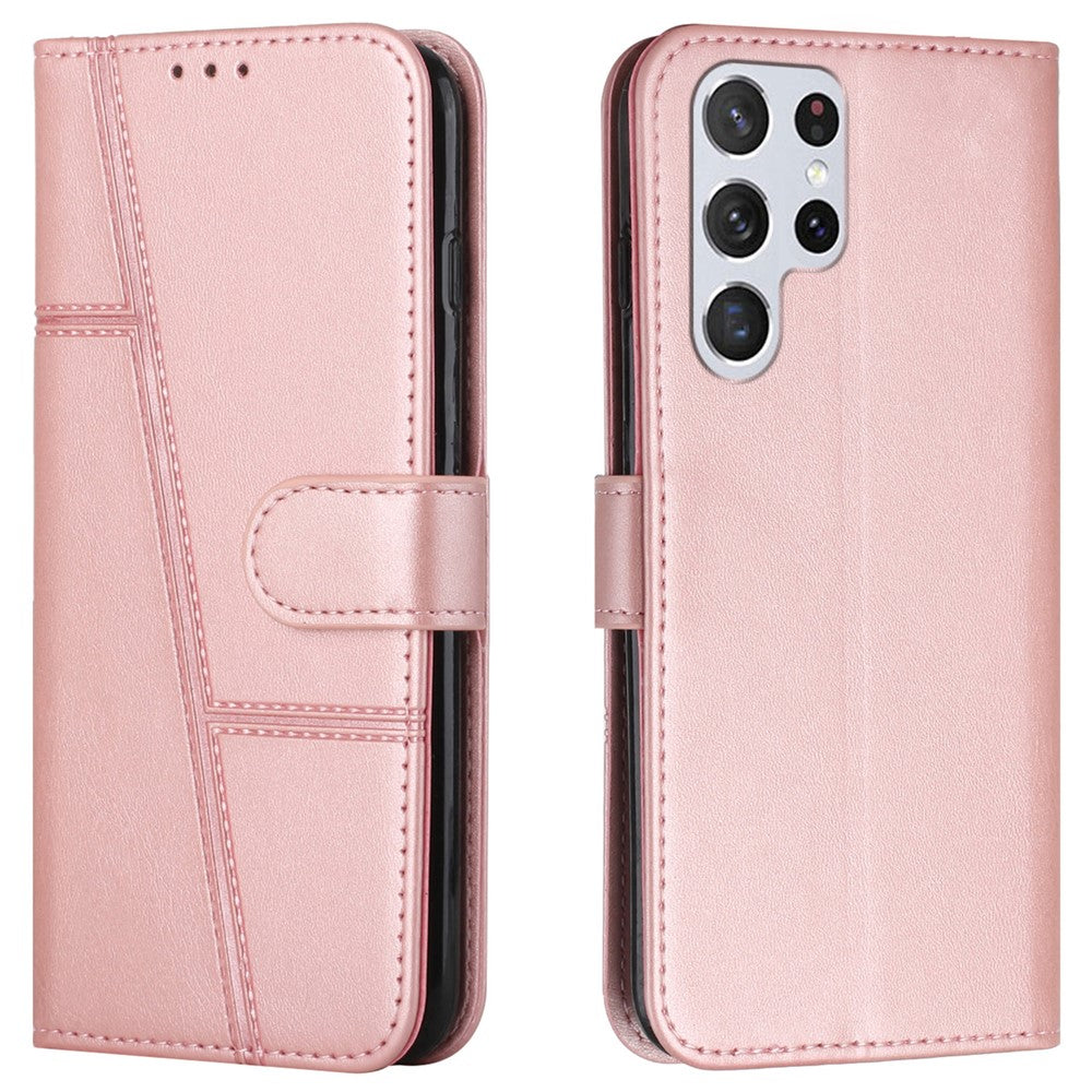 PU Leather Stand Feature Stitching Phone Wallet Cover Case with Strap for Samsung Galaxy S22 Ultra 5G
