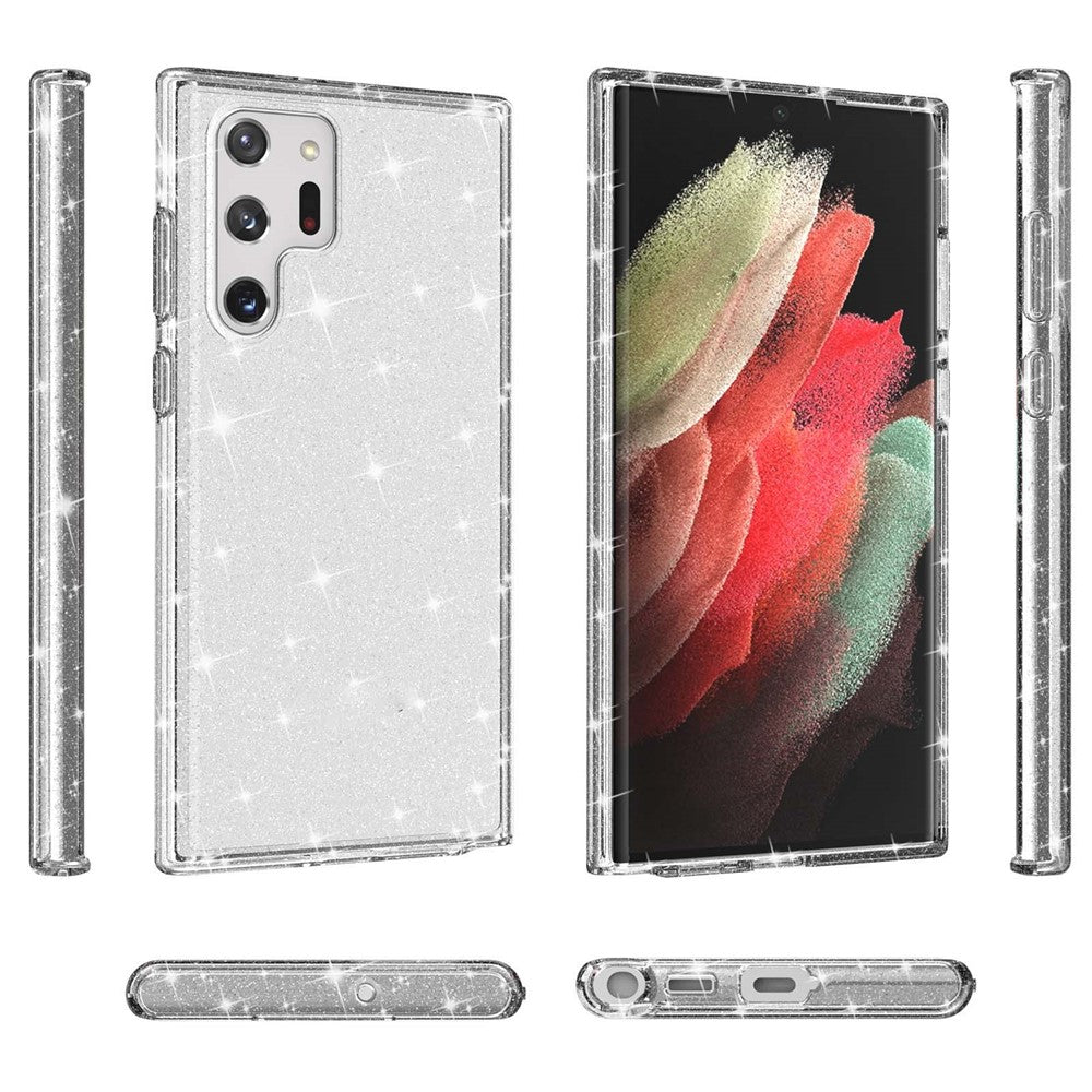 Glittrande TPU + PC-mobilskal med transparent design, 3,0 mm förtjockat, stötsäkert hybridmobilskydd för Samsung Galaxy S22 Ultra 5G