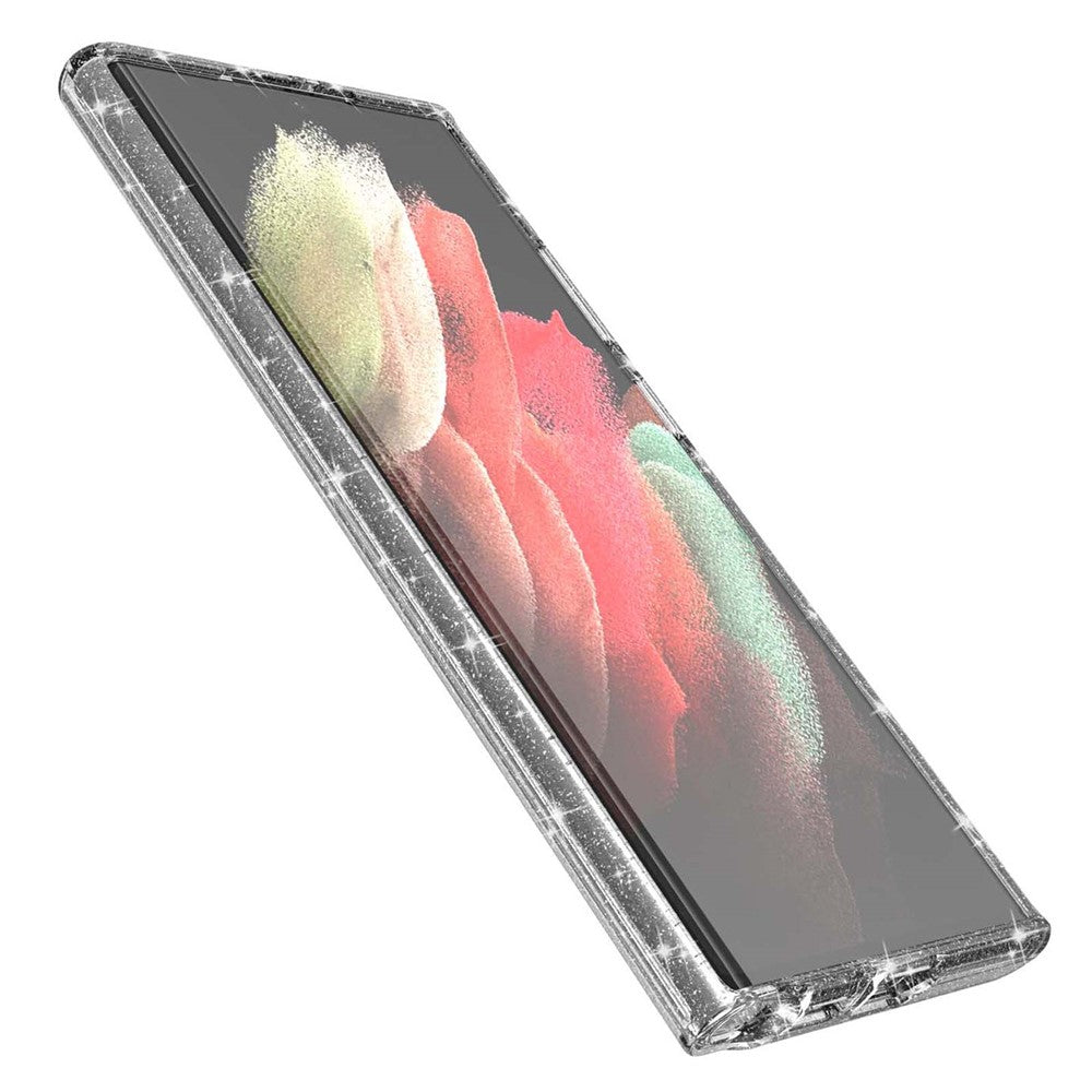 Glittrande TPU + PC-mobilskal med transparent design, 3,0 mm förtjockat, stötsäkert hybridmobilskydd för Samsung Galaxy S22 Ultra 5G