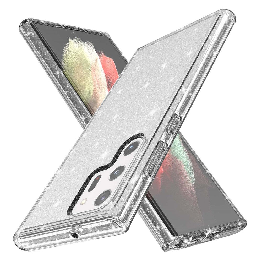 Glittrande TPU + PC-mobilskal med transparent design, 3,0 mm förtjockat, stötsäkert hybridmobilskydd för Samsung Galaxy S22 Ultra 5G