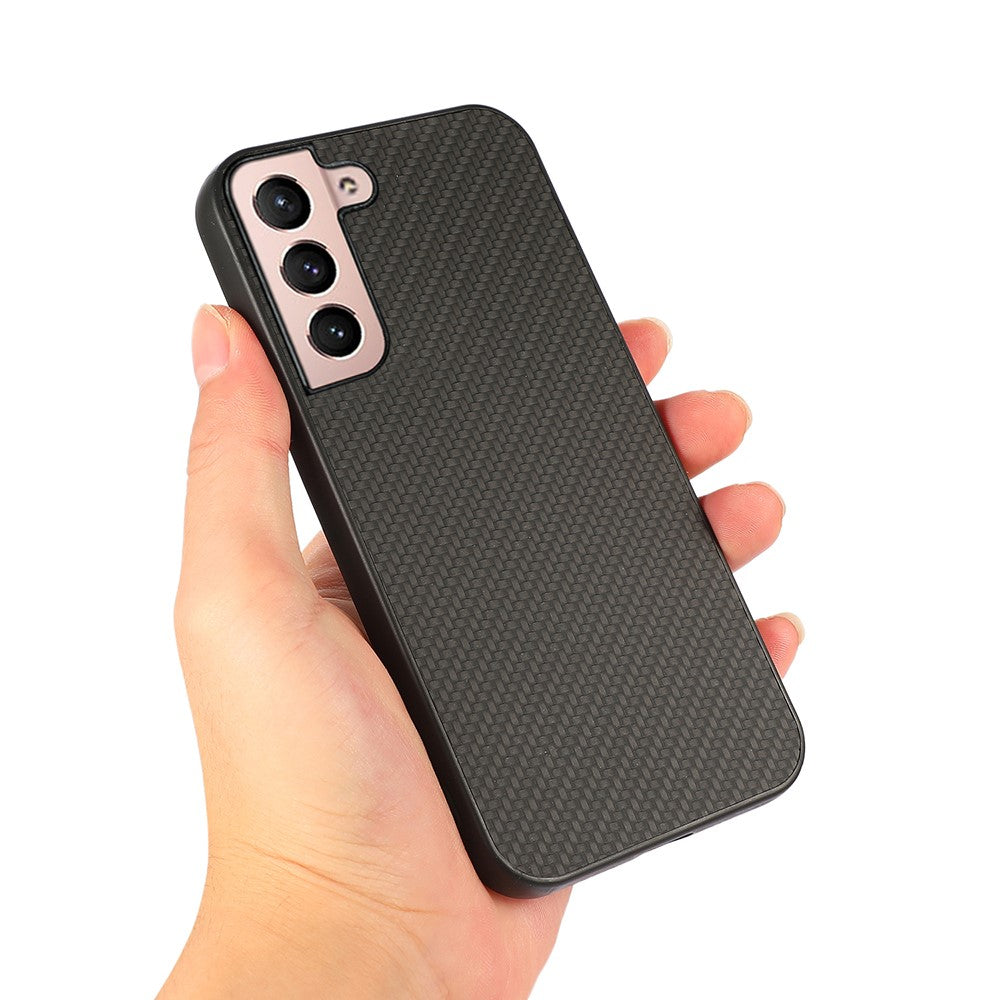 Carbon Fiber Texture Phone Case PU Leather Coated PC + TPU Hybrid Cover for Samsung Galaxy S22+ 5G