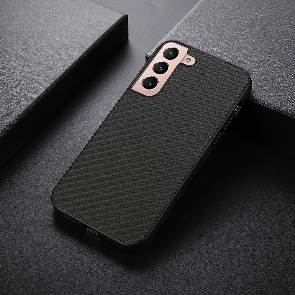 Carbon Fiber Texture Phone Case PU Leather Coated PC + TPU Hybrid Cover for Samsung Galaxy S22+ 5G