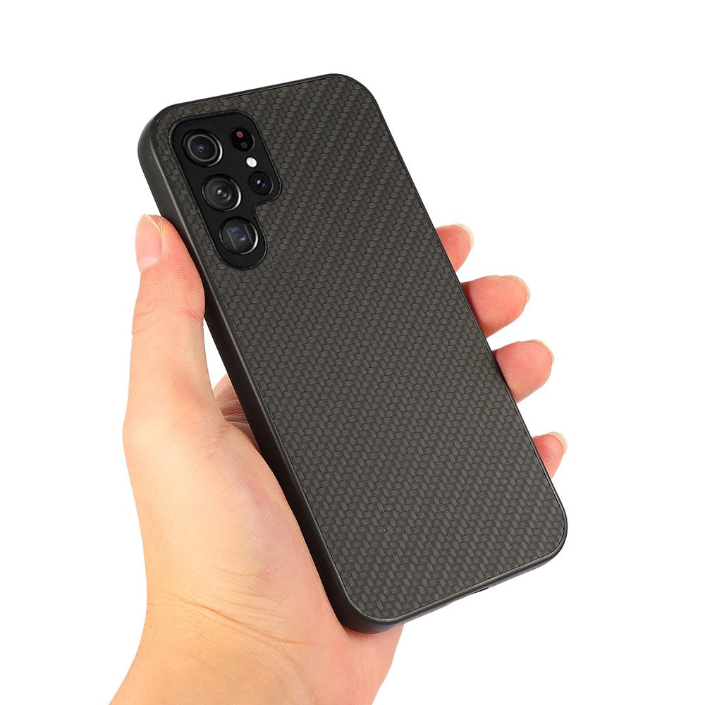 PU-läderbelagd PC + TPU kolfibertextur stötsäkert mobilskal till Samsung Galaxy S22 Ultra 5G