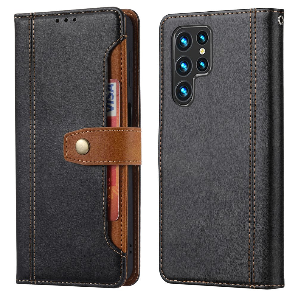 Phone Covering TPU+PU Leather Phone Case Anti-fingerprint Textured Business Style Wallet Stand Protector for Samsung Galaxy S22 Ultra 5G