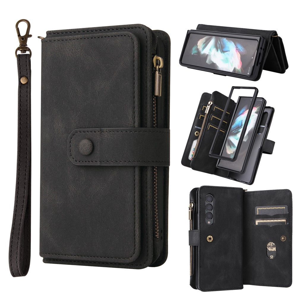 For Samsung Galaxy Z Fold3 5G Zipper Wallet Case with 15 Card Slots and Strap Leather Phone Cover