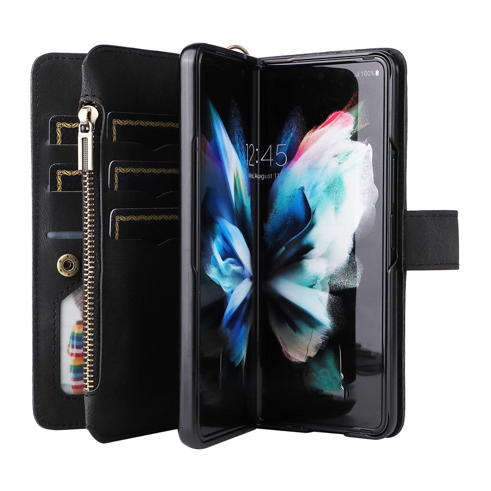 For Samsung Galaxy Z Fold3 5G Zipper Wallet Case with 15 Card Slots and Strap Leather Phone Cover