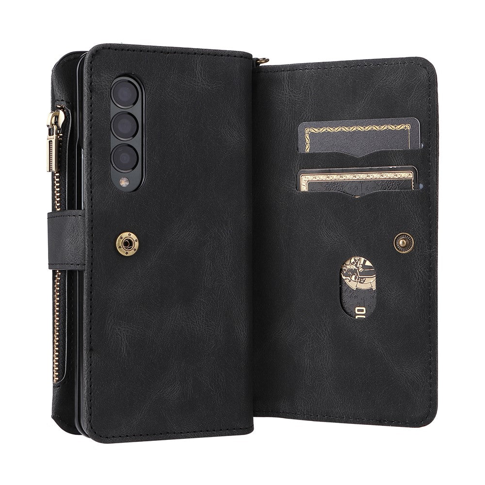 For Samsung Galaxy Z Fold3 5G Zipper Wallet Case with 15 Card Slots and Strap Leather Phone Cover