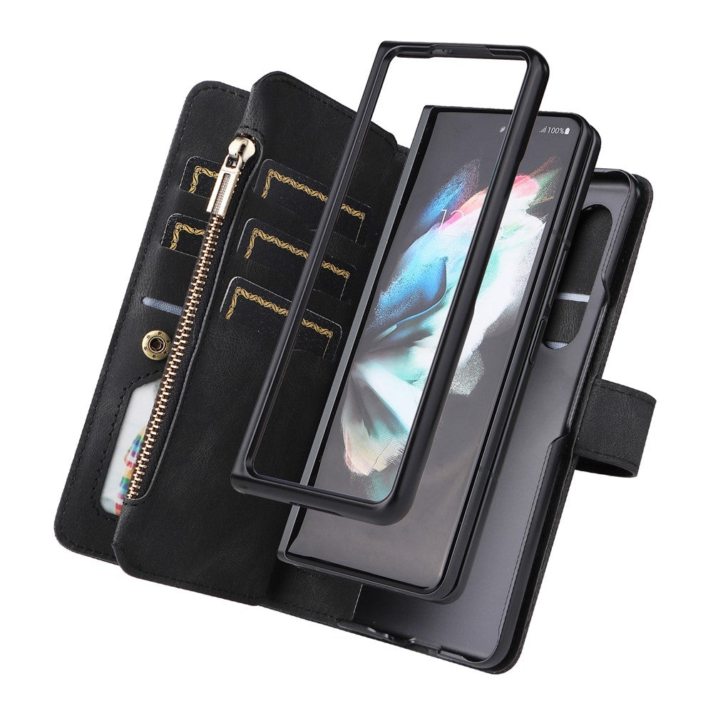 For Samsung Galaxy Z Fold3 5G Zipper Wallet Case with 15 Card Slots and Strap Leather Phone Cover