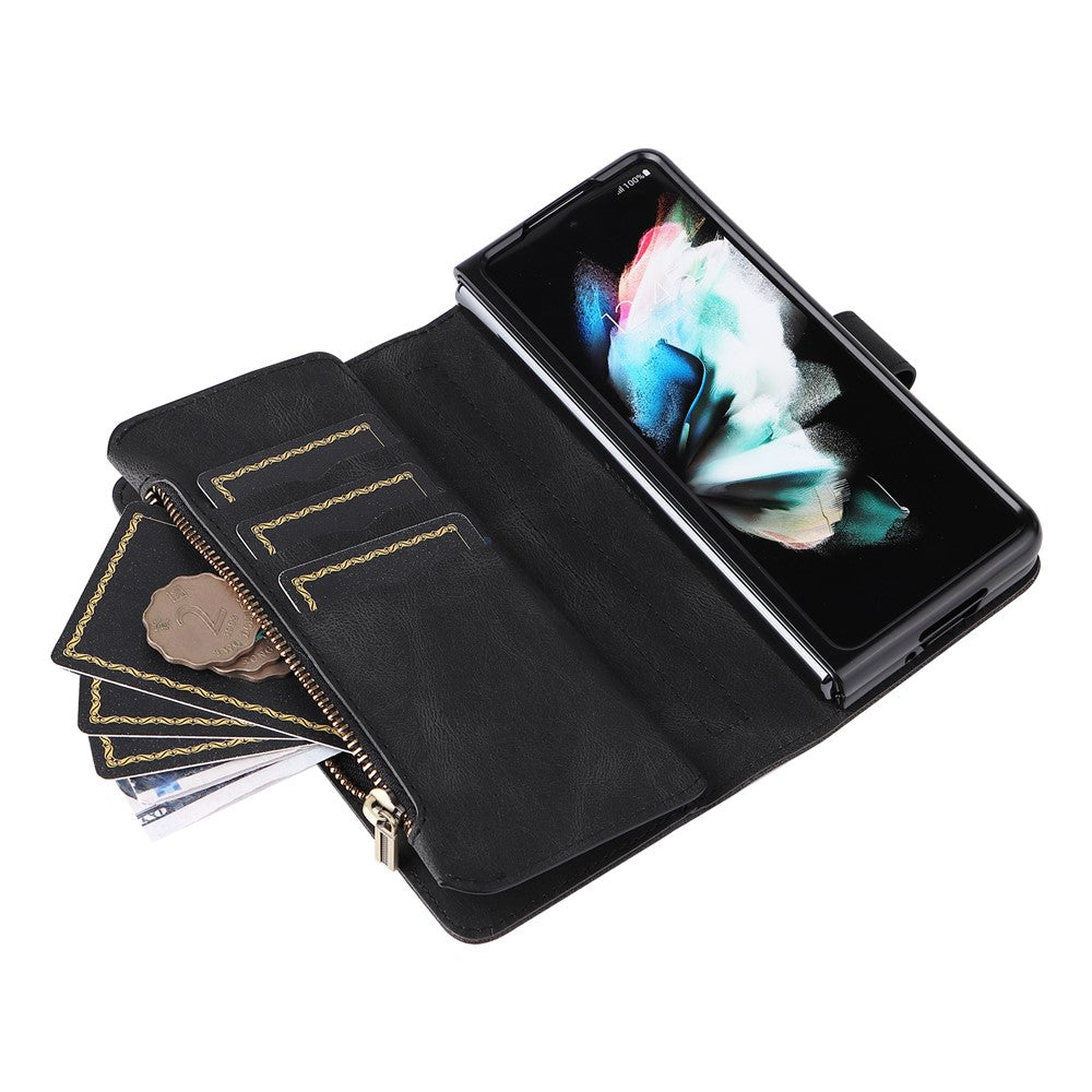 For Samsung Galaxy Z Fold3 5G Zipper Wallet Case with 15 Card Slots and Strap Leather Phone Cover