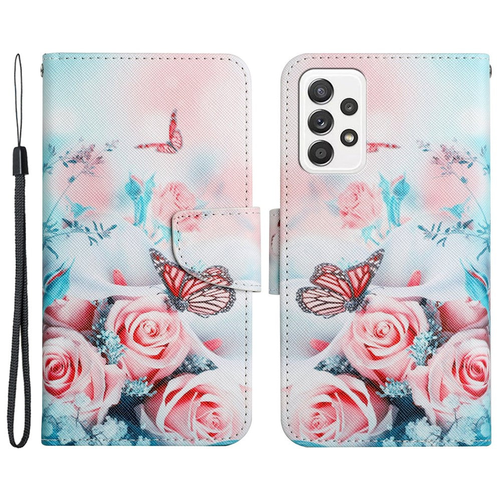 Korsmönstertryck i PU-läder + TPU-mobilskal med stativ, plånboksfodral med handrem för Samsung Galaxy A53 5G