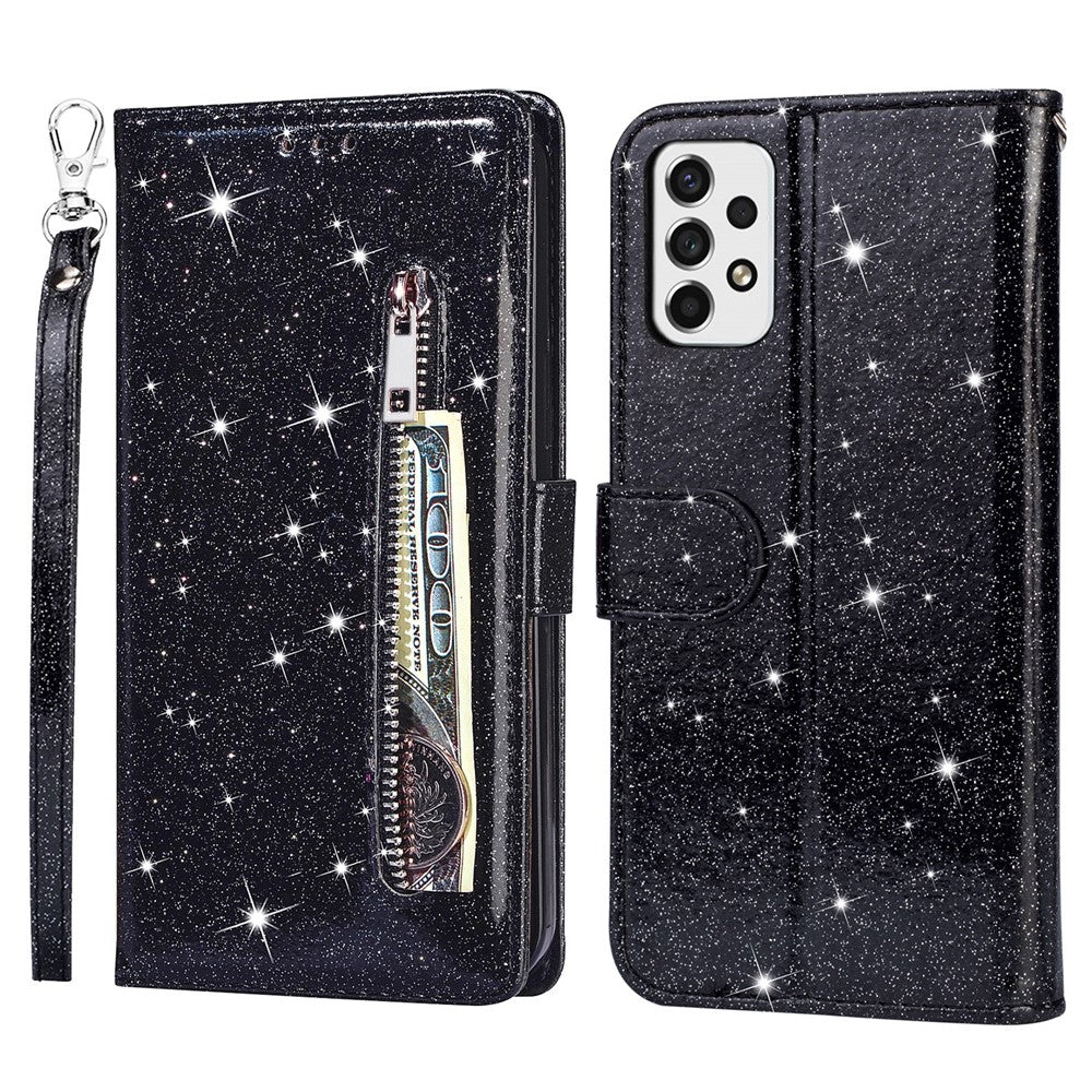 For Samsung Galaxy A53 5G Glitter Sequins PU Leather + TPU Full Protection Stand Wallet Case with Zipper Pocket and Hand Strap