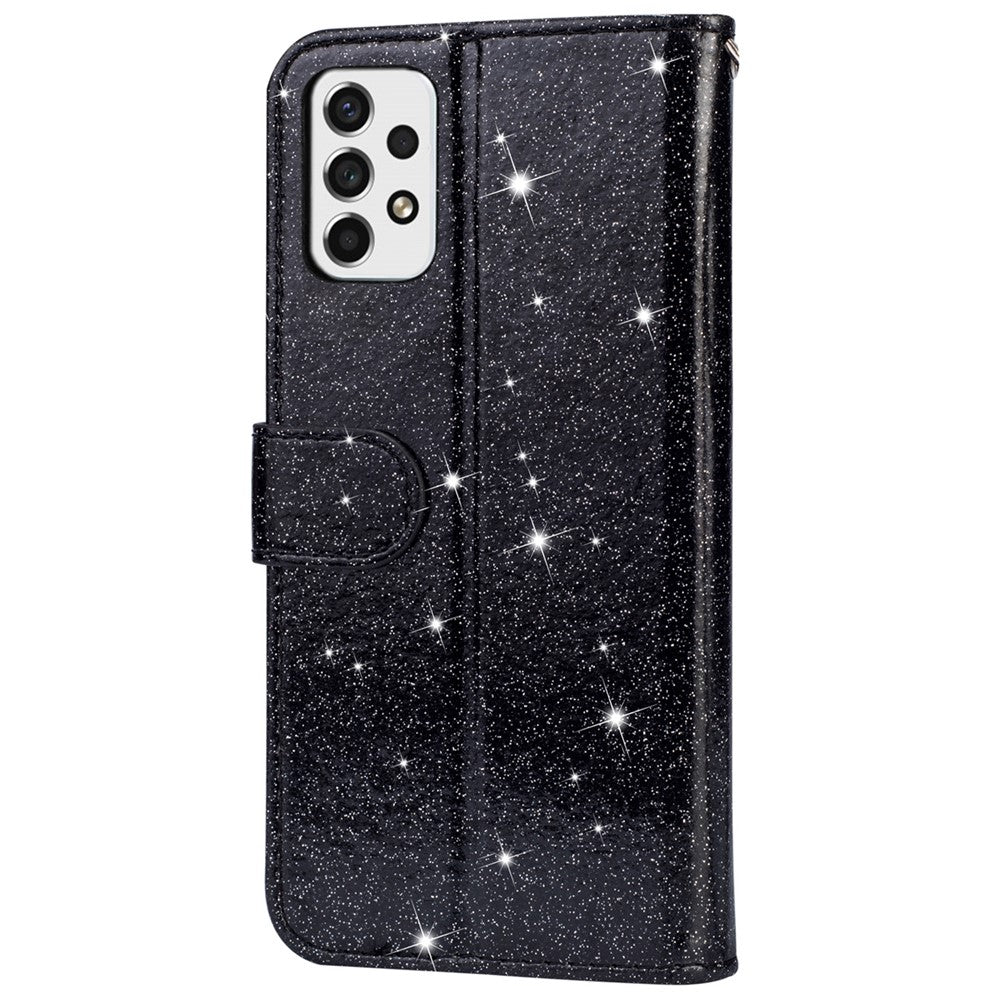 Samsung Galaxy A53 5G glitter-palietter PU-læder + TPU fuldt beskyttende stander-pung med lynlåslomme og håndledsrem