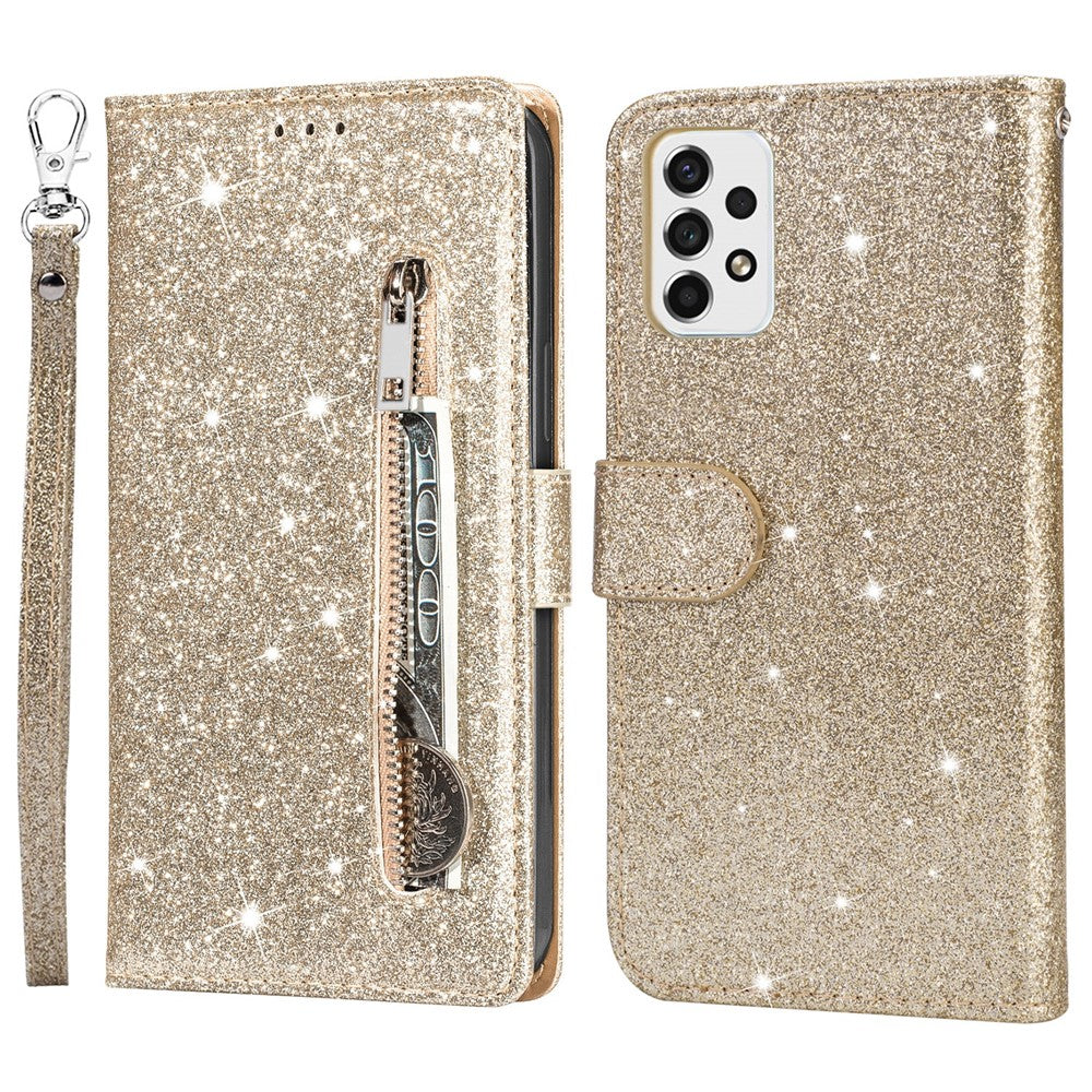 Samsung Galaxy A53 5G glitter-palietter PU-læder + TPU fuldt beskyttende stander-pung med lynlåslomme og håndledsrem