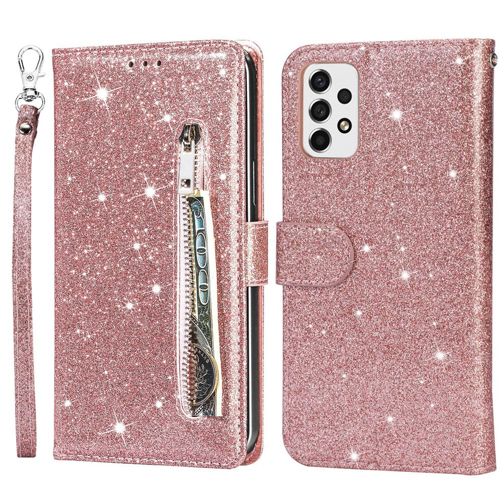 Samsung Galaxy A53 5G glitter-palietter PU-læder + TPU fuldt beskyttende stander-pung med lynlåslomme og håndledsrem