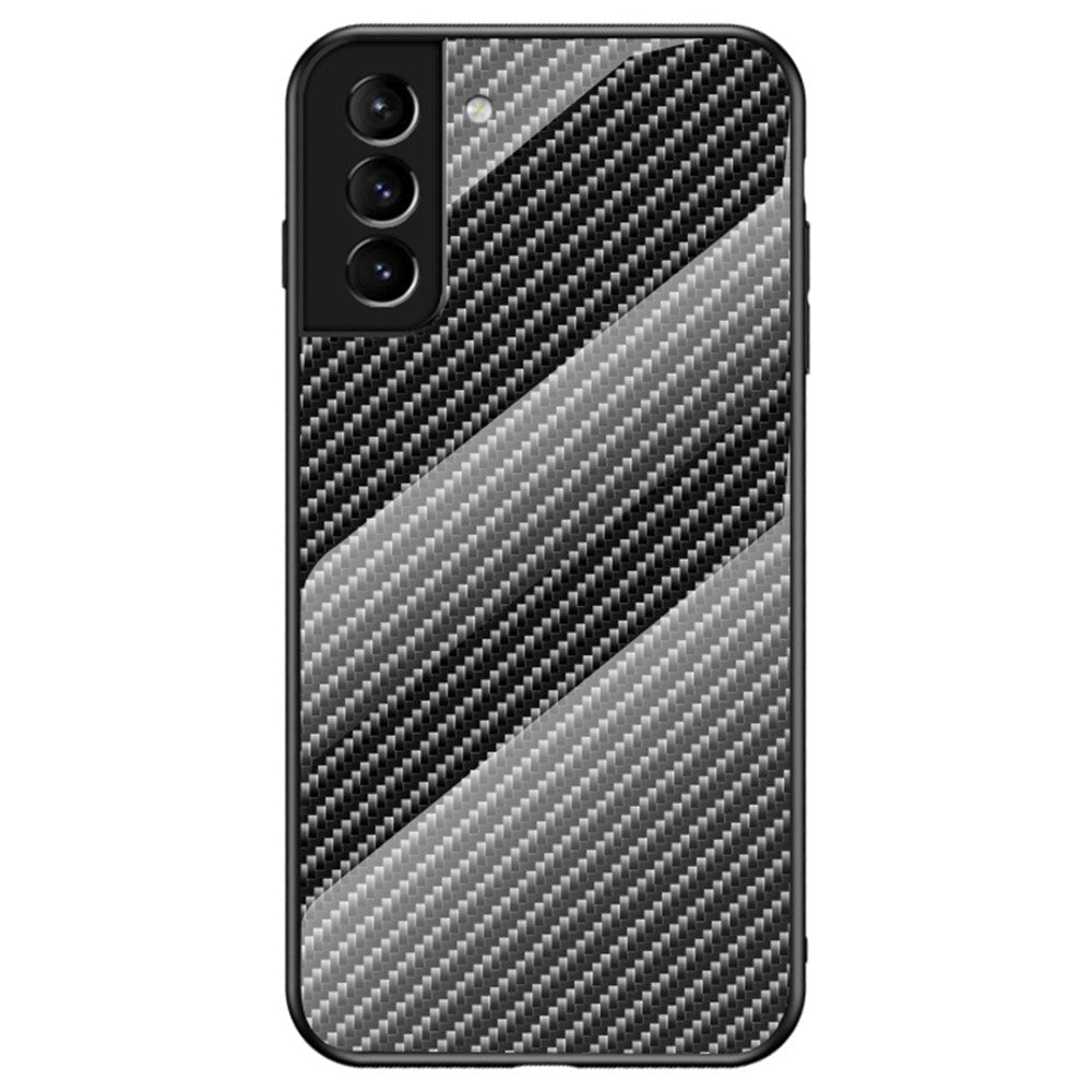 Kulfibertekstur Tynd Let Hærdet Glas Bagside Anti-ridse PC+TPU Cover Beskyttelsesetui til Samsung Galaxy S22 5G
