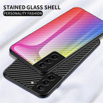 Kulfibertekstur Tynd Let Hærdet Glas Bagside Anti-ridse PC+TPU Cover Beskyttelsesetui til Samsung Galaxy S22 5G