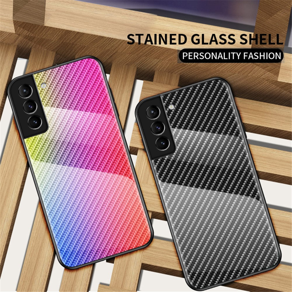 Kulfibertekstur Tynd Let Hærdet Glas Bagside Anti-ridse PC+TPU Cover Beskyttelsesetui til Samsung Galaxy S22 5G