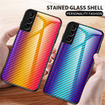 Kulfibertekstur Tynd Let Hærdet Glas Bagside Anti-ridse PC+TPU Cover Beskyttelsesetui til Samsung Galaxy S22 5G