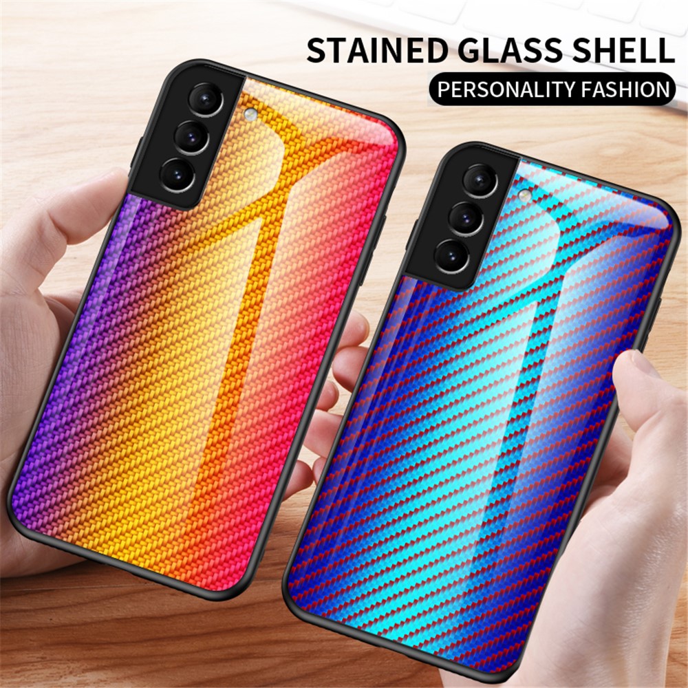 Kulfibertekstur Tynd Let Hærdet Glas Bagside Anti-ridse PC+TPU Cover Beskyttelsesetui til Samsung Galaxy S22 5G