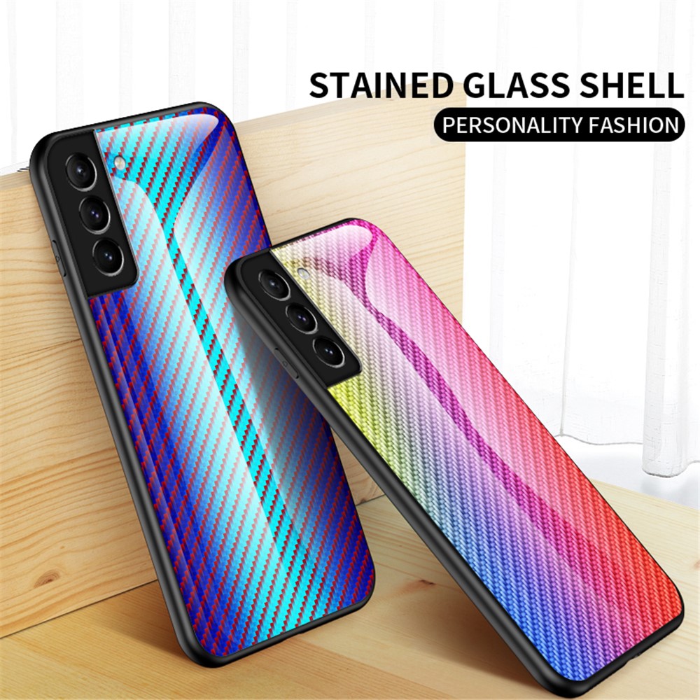 Kulfibertekstur Tynd Let Hærdet Glas Bagside Anti-ridse PC+TPU Cover Beskyttelsesetui til Samsung Galaxy S22 5G