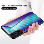 Kulfibertekstur Tynd Let Hærdet Glas Bagside Anti-ridse PC+TPU Cover Beskyttelsesetui til Samsung Galaxy S22 5G