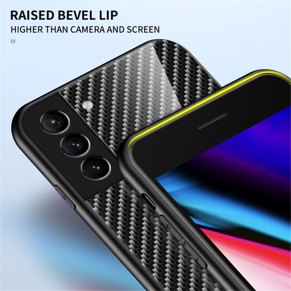 Kulfibertekstur Tynd Let Hærdet Glas Bagside Anti-ridse PC+TPU Cover Beskyttelsesetui til Samsung Galaxy S22 5G