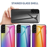 Kulfibertekstur Tynd Let Hærdet Glas Bagside Anti-ridse PC+TPU Cover Beskyttelsesetui til Samsung Galaxy S22 5G