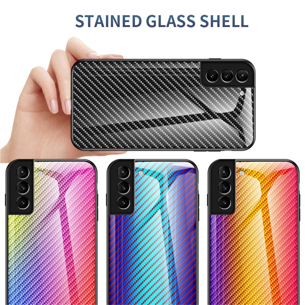 Kulfibertekstur Tynd Let Hærdet Glas Bagside Anti-ridse PC+TPU Cover Beskyttelsesetui til Samsung Galaxy S22 5G