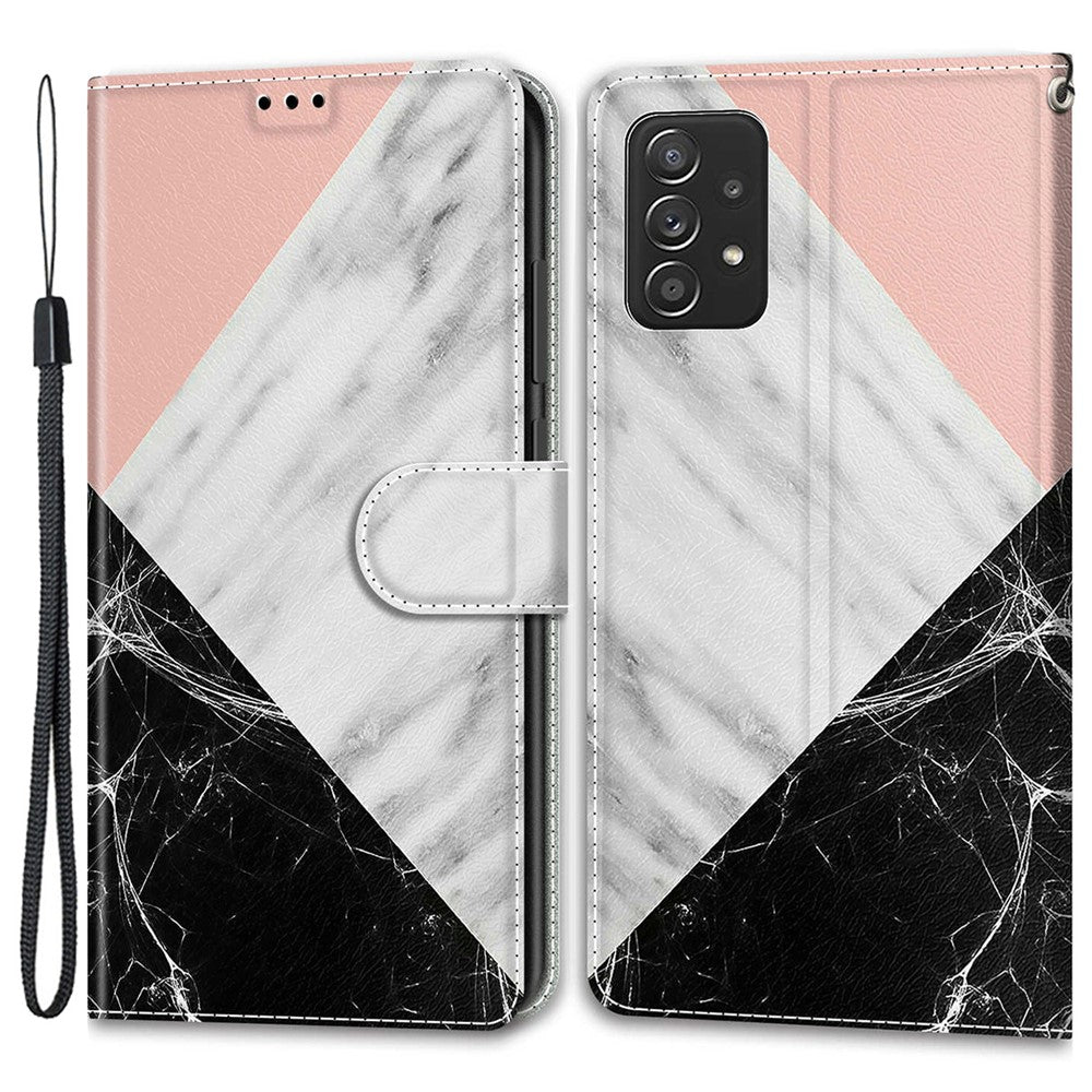 Mønsterprintet læder flipcover, kortholder, magnetisk folio-stander, stødsikkert TPU indercover med rem til Samsung Galaxy A53 5G