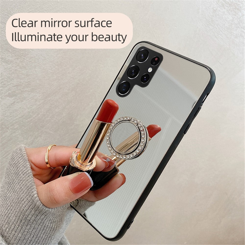 TPU Frame + PC Back Mirror Surface Ring Kickstand Design Protective Hybrid Cases for Samsung Galaxy S22 Ultra 5G