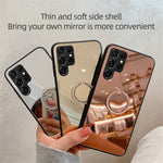 TPU Frame + PC Back Mirror Surface Ring Kickstand Design Protective Hybrid Cases for Samsung Galaxy S22 Ultra 5G