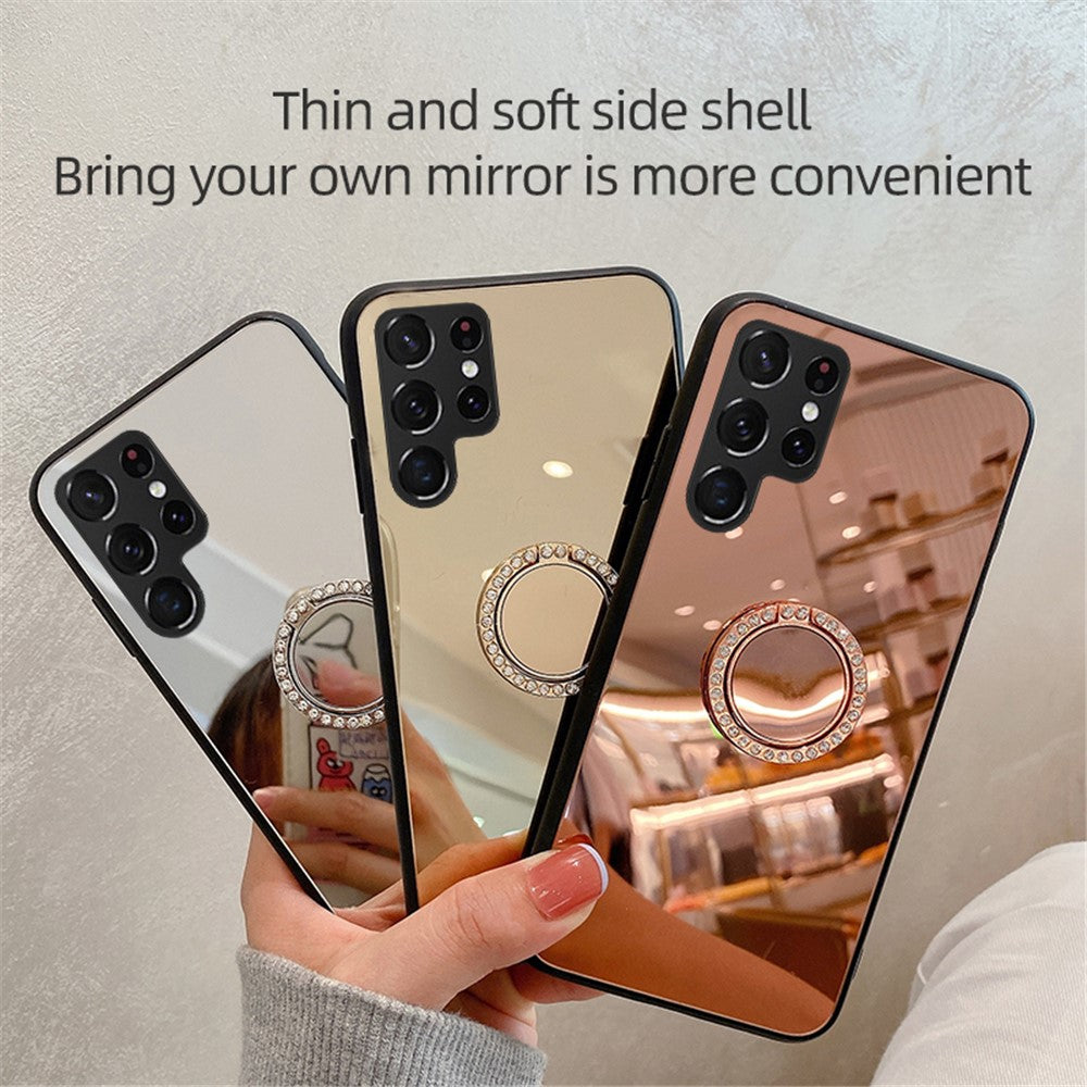 TPU Frame + PC Back Mirror Surface Ring Kickstand Design Protective Hybrid Cases for Samsung Galaxy S22 Ultra 5G