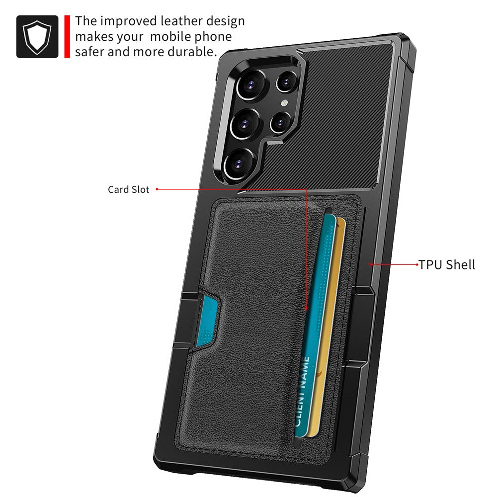 ZM02 Inbyggt magnetiskt metallplåt stötsäkert korthållare PU-läder + TPU hybridskal mobilskydd för Samsung Galaxy S22 Ultra 5G