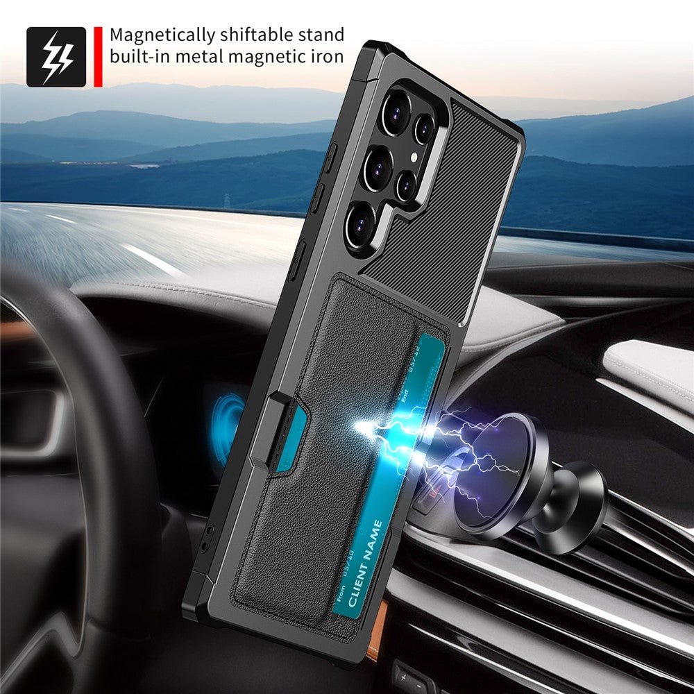 ZM02 Inbyggt magnetiskt metallplåt stötsäkert korthållare PU-läder + TPU hybridskal mobilskydd för Samsung Galaxy S22 Ultra 5G