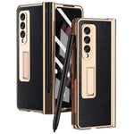 Screen Protector Design Cross Texture PU Leather Coated TPU + PC Phone Case with Hinge Pen Holder and Kickstand for Samsung Galaxy Z Fold3 5G