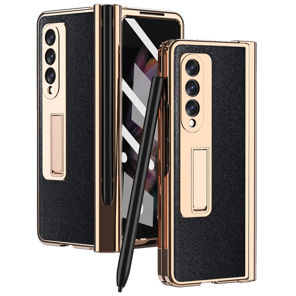 Screen Protector Design Cross Texture PU Leather Coated TPU + PC Phone Case with Hinge Pen Holder and Kickstand for Samsung Galaxy Z Fold3 5G