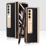 Screen Protector Design Cross Texture PU Leather Coated TPU + PC Phone Case with Hinge Pen Holder and Kickstand for Samsung Galaxy Z Fold3 5G