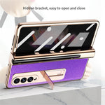 Screen Protector Design Cross Texture PU Leather Coated TPU + PC Phone Case with Hinge Pen Holder and Kickstand for Samsung Galaxy Z Fold3 5G