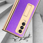 Screen Protector Design Cross Texture PU Leather Coated TPU + PC Phone Case with Hinge Pen Holder and Kickstand for Samsung Galaxy Z Fold3 5G