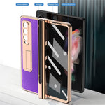 Screen Protector Design Cross Texture PU Leather Coated TPU + PC Phone Case with Hinge Pen Holder and Kickstand for Samsung Galaxy Z Fold3 5G