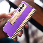 Screen Protector Design Cross Texture PU Leather Coated TPU + PC Phone Case with Hinge Pen Holder and Kickstand for Samsung Galaxy Z Fold3 5G