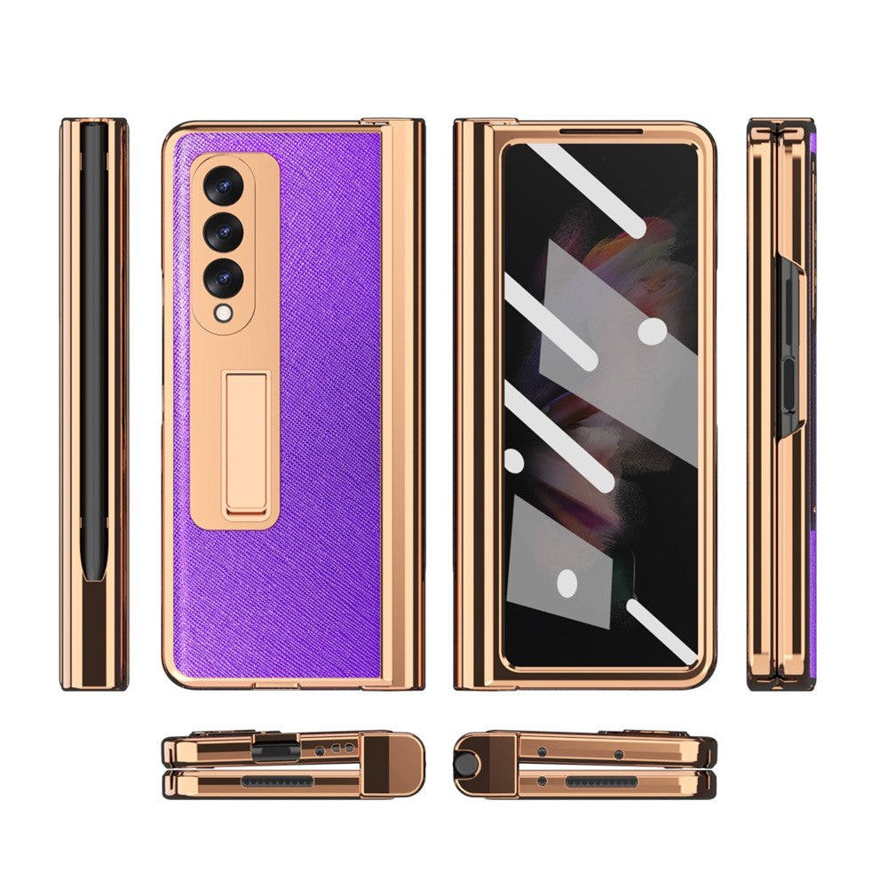 Screen Protector Design Cross Texture PU Leather Coated TPU + PC Phone Case with Hinge Pen Holder and Kickstand for Samsung Galaxy Z Fold3 5G