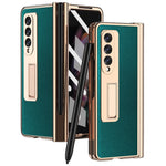 Screen Protector Design Cross Texture PU Leather Coated TPU + PC Phone Case with Hinge Pen Holder and Kickstand for Samsung Galaxy Z Fold3 5G