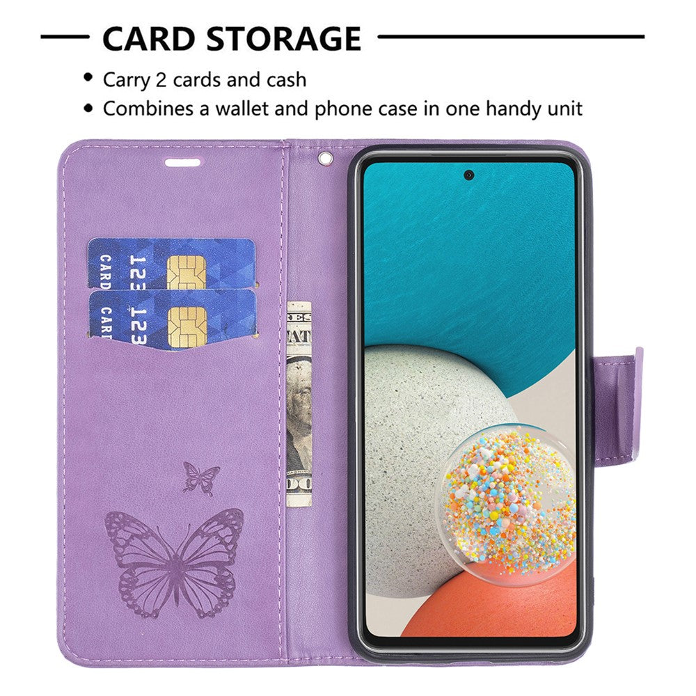 Cover med flere sommerfugleprægede mønstre i PU-læder, flip-pung, stativ og stødsikker beskyttelse med rem til Samsung Galaxy A53 5G